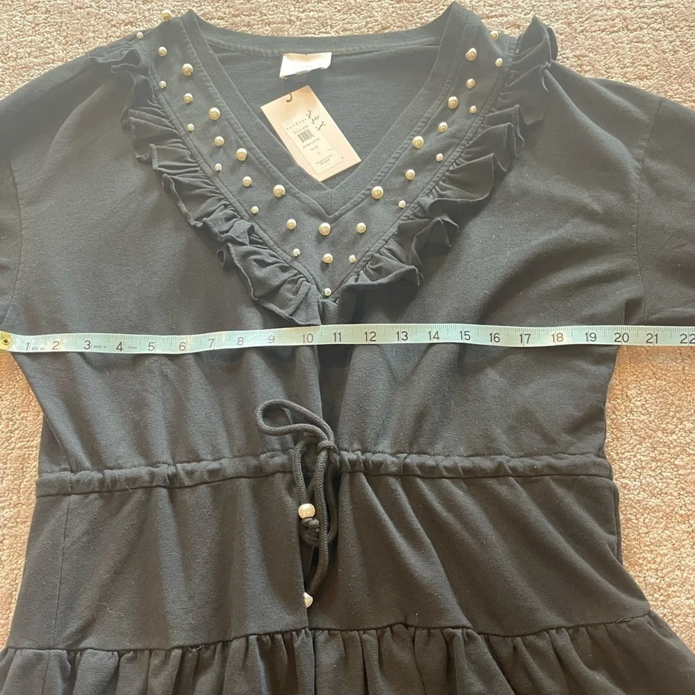 NWT Sundays Gemma Black Ruffle Mini Dress with Pearl Accents, Elastic Waist, XL - Picture 7 of 16